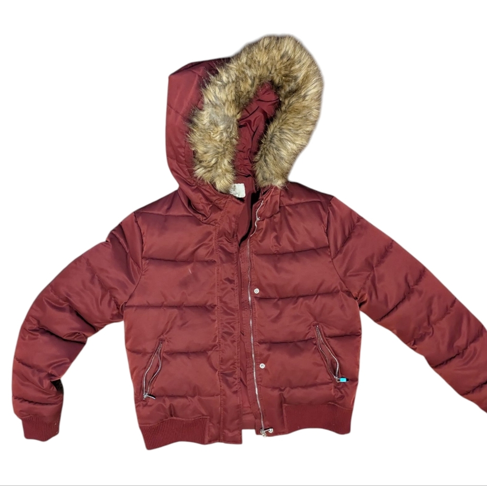 Zara Burgundy Puffer Jacket Faux‎ Fur Hooded Winter Coat Size L Y2K